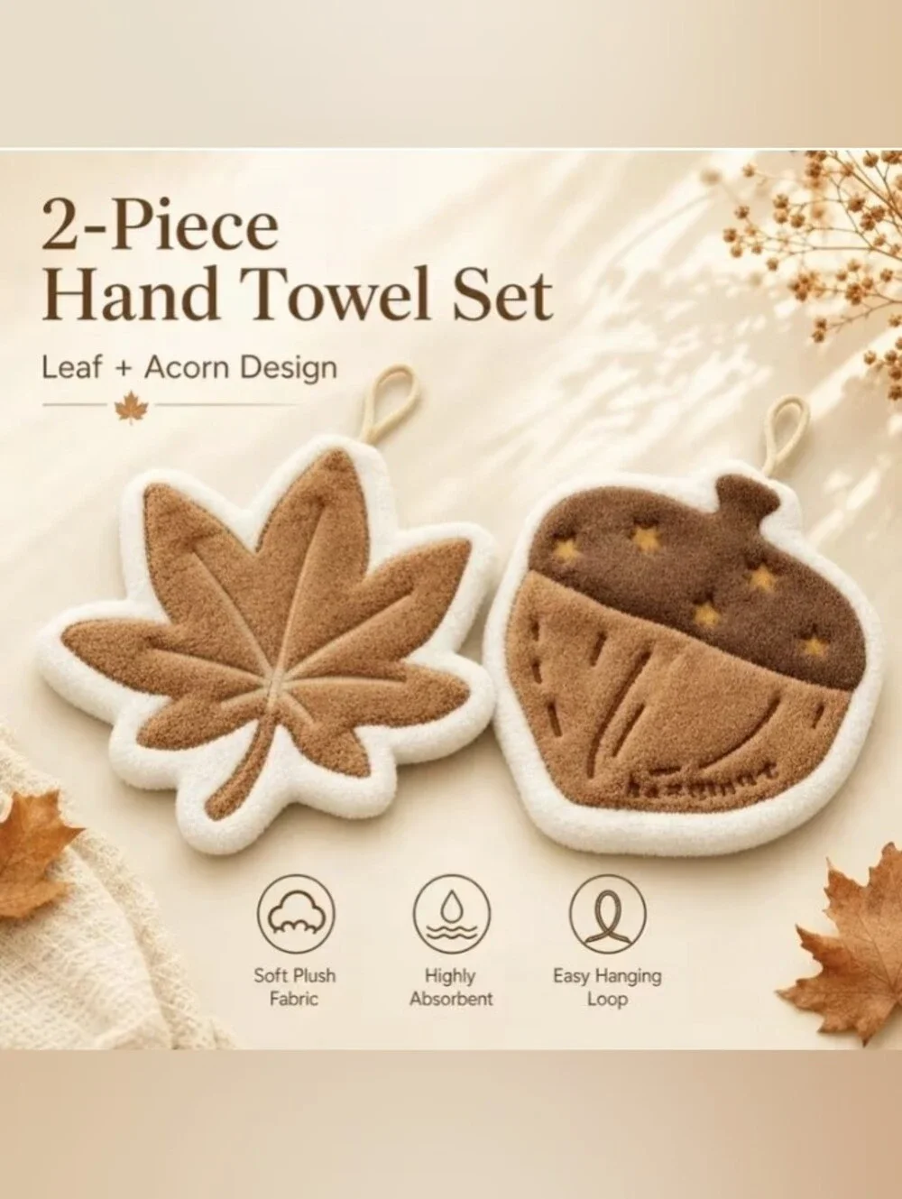 2 Pc Autumn Fall Hand Towel Set Plush Leaf Acorn Kitchen Bath Decor